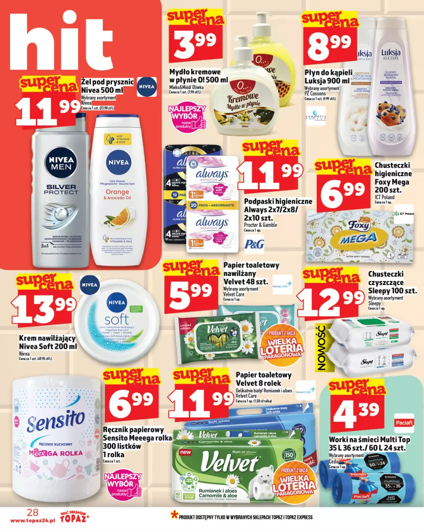 Gazetka promocyjna Topaz - Gazetka - ważna 25.09 do 01.10.2025 - strona 28 - produkty: Always, Chusteczki, Fa, Foxy, Krem nawilżający, Luksja, Mydło, Nivea, Papier, Papier toaletowy, Podpaski, Rum, Sito, Top, Velvet, Worki na śmiec, Worki na śmieci