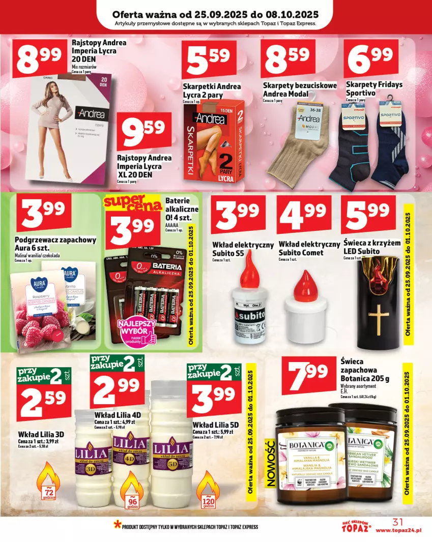 Gazetka promocyjna Topaz - Gazetka - ważna 25.09 do 01.10.2025 - strona 31 - produkty: Baterie alkaliczne, Czekolada, Karp, Moda, Por, Rajstopy, Skarpetki, Sport, Top