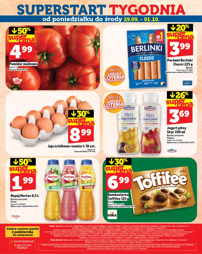 Gazetka promocyjna Topaz - Gazetka - ważna 25.09 do 01.10.2025 - strona 32 - produkty: Berlinki, Hortex, Jaja, Jogurt, Jogurt pitny, Morliny, Napój, Olej, Parówki, Piątnica
