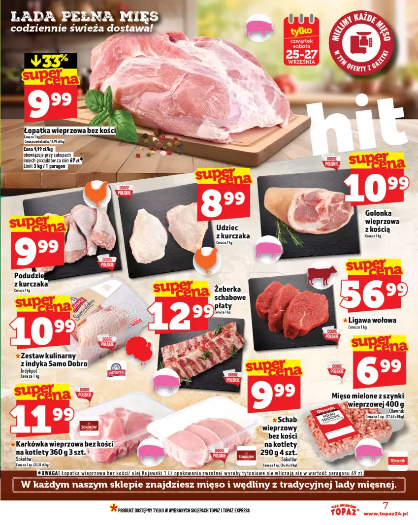 Gazetka promocyjna Topaz - Gazetka - ważna 25.09 do 01.10.2025 - strona 7 - produkty: Karkówka wieprzowa, Kotlet, Kujawski, Kurczak, Mięso, Mięso mielone, Mięso mielone z szynki, Olej, Olewnik, Sok, Sokołów, Top, Waga