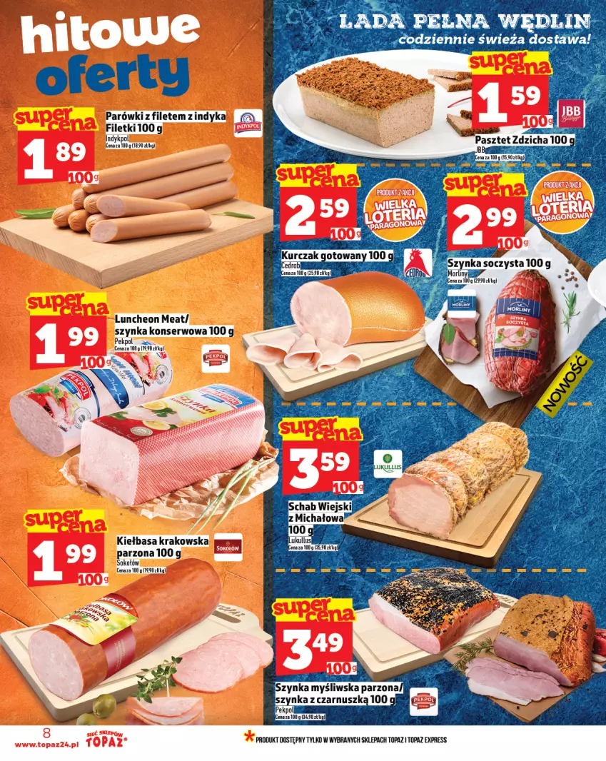 Gazetka promocyjna Topaz - Gazetka - ważna 25.09 do 01.10.2025 - strona 8 - produkty: Kurczak, Kurczak gotowany, Parówki, Pekpol, Ser, Sok, Sokołów, Szynka, Szynka konserwowa, Top