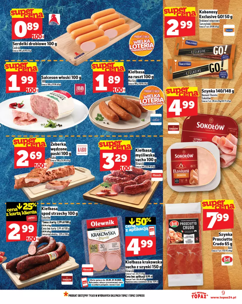 Gazetka promocyjna Topaz - Gazetka - ważna 25.09 do 01.10.2025 - strona 9 - produkty: Bell, Kabanos, Kiełbasa, Kiełbasa krakowska, Prosciutto, Salceson, Sok, Sokołów, Szynka, Tarczyński, Top