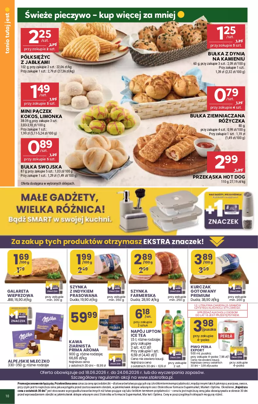 Gazetka promocyjna Stokrotka - Market - ważna 18.06 do 24.06.2026 - strona 12 - produkty: Bułka, Duda, Dynią, Fa, Gala, Gra, Hot dog, Ice tea, Jabłka, Kawa, Kawa ziarnista, Kokos, Kurczak, Kurczak gotowany, Limonka, Lipton, Mięso, Mleczko, Napój, Optima, Owoce, Pączek, Perła, Piec, Pieczywo, Piwa, Piwo, Por, Prima, Szynka, Szynka farmerska, Warzywa