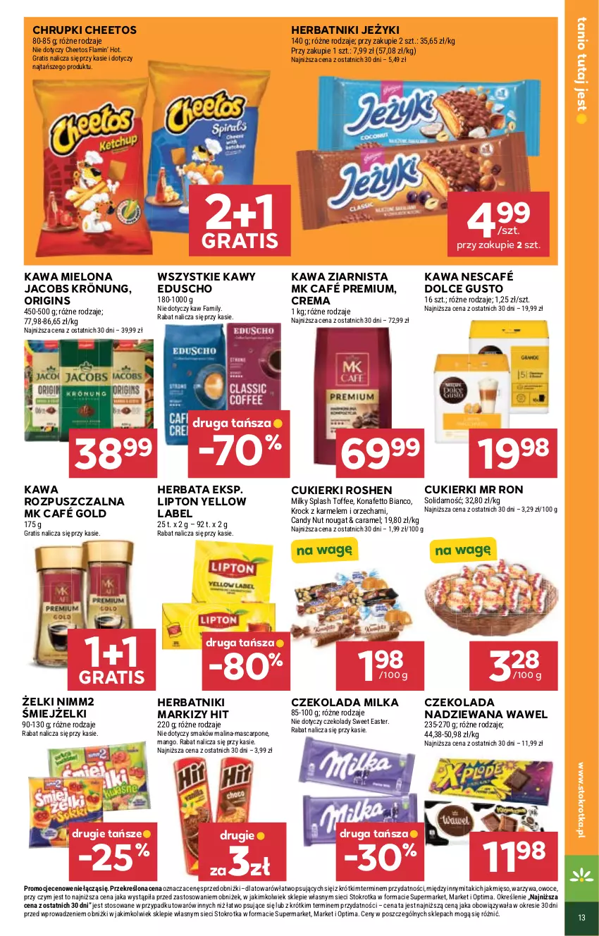 Gazetka promocyjna Stokrotka - Market - ważna 18.06 do 24.06.2026 - strona 21 - produkty: Candy, Cheetos, Chrupki, Cukier, Cukierki, Czekolada, Czekolada nadziewana, Dolce Gusto, Fa, Gin, Gra, Herbata, Herbatniki, Jacobs, Jacobs Krönung, Jeżyki, Kawa, Kawa mielona, Kawa rozpuszczalna, Kawa ziarnista, Lipton, Mango, Mascarpone, Mięso, Milka, Nescafé, Nimm2, Optima, Owoce, Warzywa, Wawel