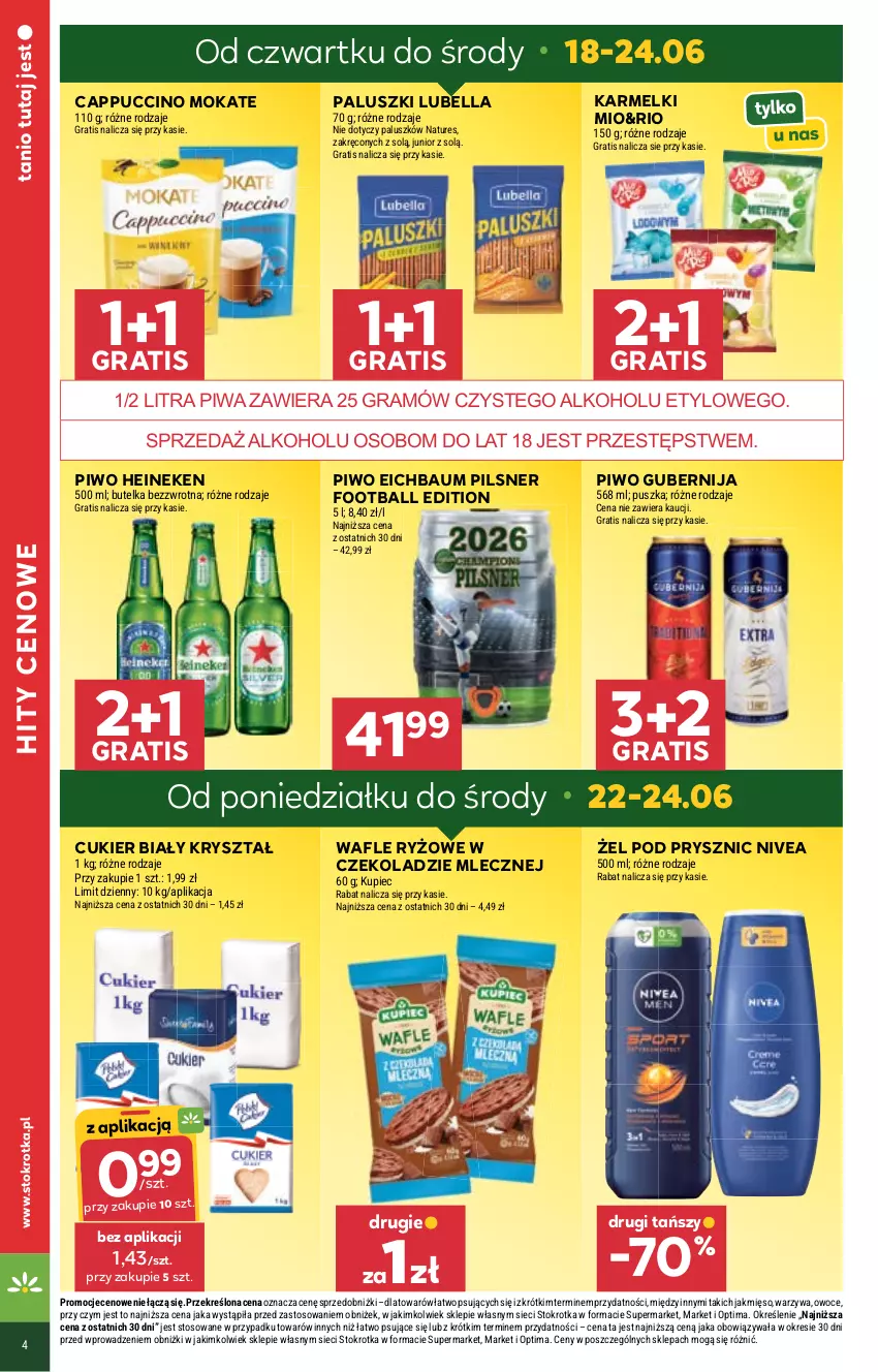 Gazetka promocyjna Stokrotka - Market - ważna 18.06 do 24.06.2026 - strona 4 - produkty: Bell, Bella, Cappuccino, Cukier, Gra, Heineken, Kupiec, Lubella, Mięso, Nivea, Optima, Owoce, Piec, Piwa, Piwo, Ryż, Wafle, Warzywa