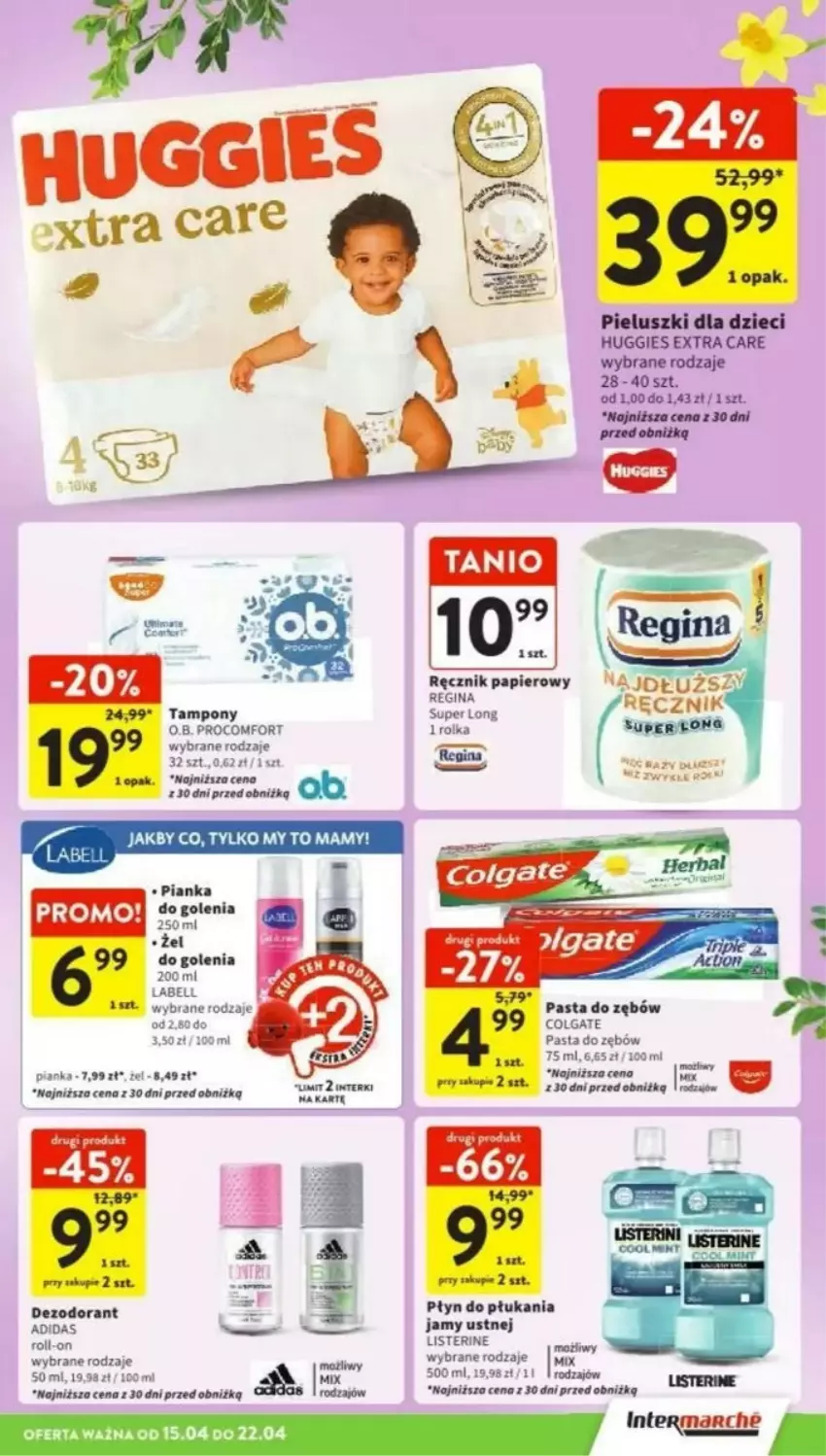 Gazetka promocyjna Intermarche - ważna 15.04 do 22.04.2025 - strona 36 - produkty: Adidas, Bell, Colgate, Dezodorant, Gin, Huggies, LG, Listerine, O.B., Papier, Pasta do zębów, Pianka do golenia, Płyn do płukania, Płyn do płukania jamy ustnej, Ręcznik, Tampony, Tran