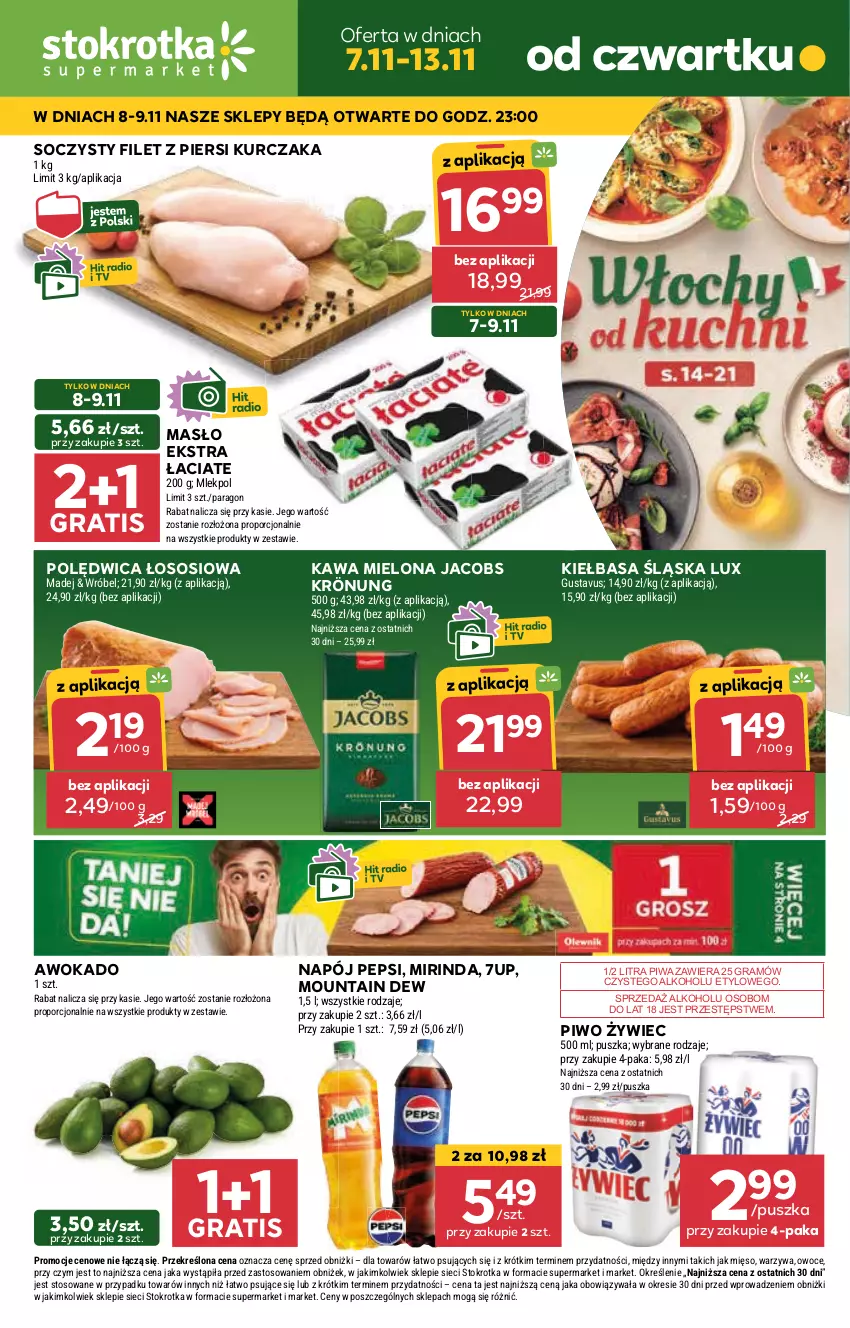 Gazetka promocyjna Stokrotka - Supermarket - ważna 07.11 do 13.11.2024 - strona 1 - produkty: 7up, Filet z piersi kurczaka, Gra, Jacobs, Jacobs Krönung, Kawa, Kawa mielona, Kiełbasa, Kiełbasa śląska, Kurczak, Masło, Mirinda, Napój, Owoce, Pepsi, Piwa, Piwo, Polędwica, Por, Sos, Warzywa