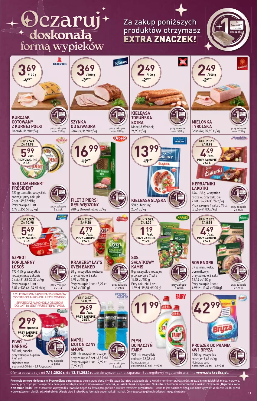 Gazetka promocyjna Stokrotka - Supermarket - ważna 07.11 do 13.11.2024 - strona 13 - produkty: Bryza, Camembert, Fa, Fairy, Filet z piersi gęsi, Gra, Harnaś, Herbatniki, Kamis, Kiełbasa, Kiełbasa śląska, Knorr, Krakersy, Krakus, Kurczak, Kurczak gotowany, Lay’s, Mielonka tyrolska, Morliny, Napój, Napój izotoniczny, Owoce, Piwa, Piwo, Président, Proszek do prania, Sałat, Ser, Sok, Sokołów, Sos, Szprot, Szynka, Warzywa, Wiko