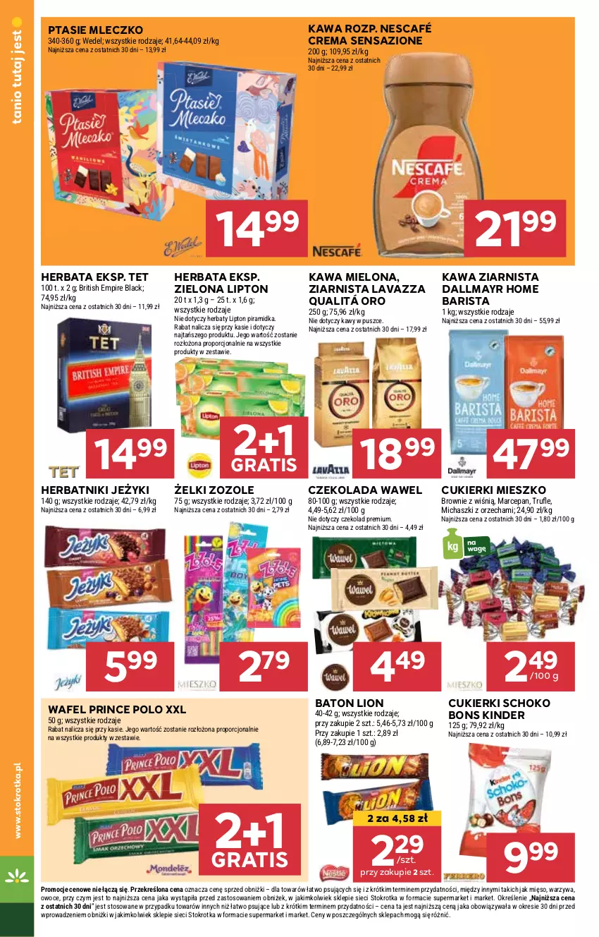 Gazetka promocyjna Stokrotka - Supermarket - ważna 07.11 do 13.11.2024 - strona 22 - produkty: Baton, Cukier, Cukierki, Czekolada, Dallmayr, Gra, Herbata, Herbatniki, Jeżyki, Kawa, Kawa mielona, Kawa ziarnista, Kinder, Lack, Lavazza, Lion, Lipton, Mleczko, Nescafé, Owoce, Por, Prince Polo, Ptasie mleczko, Warzywa, Wawel