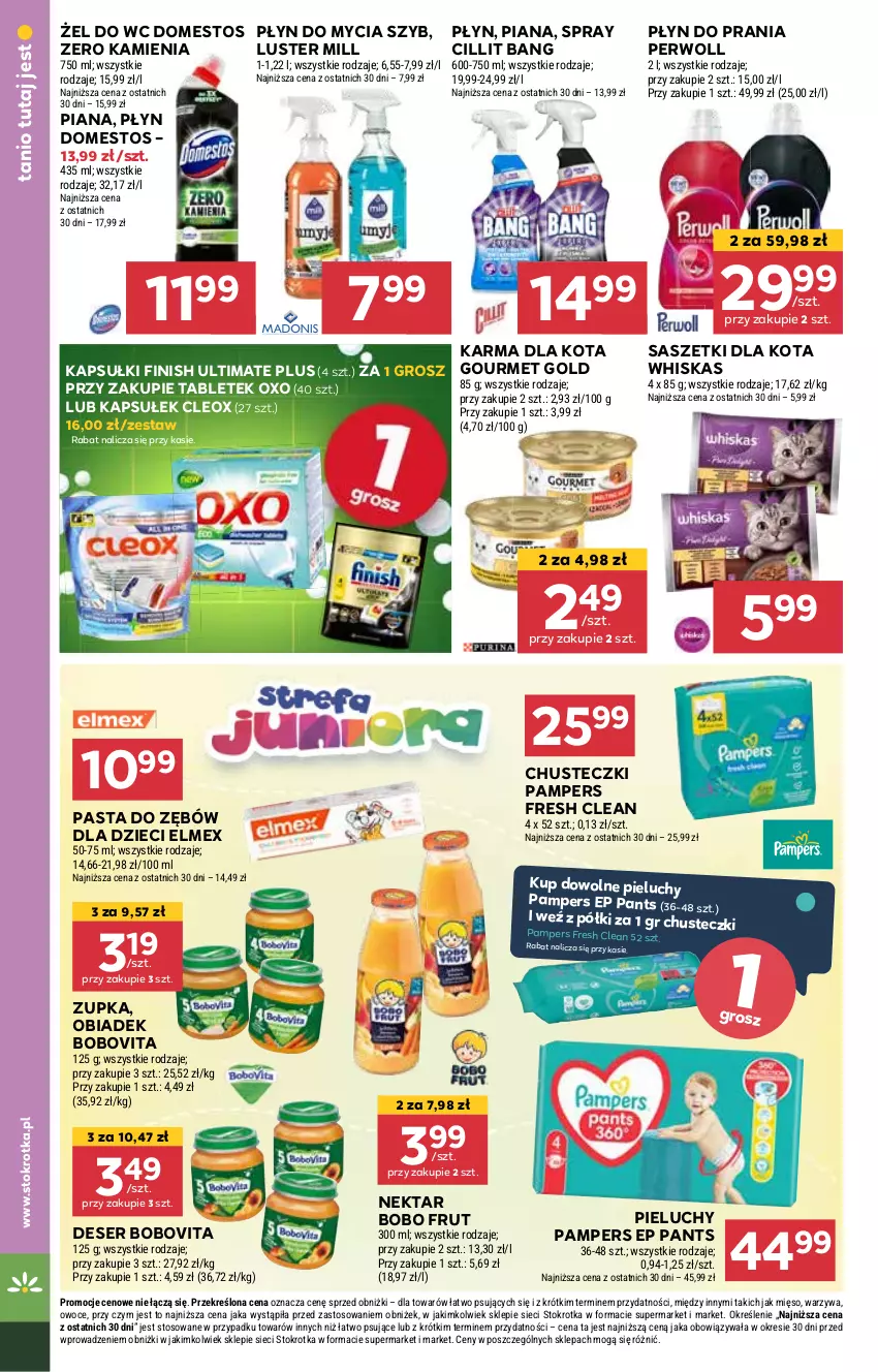 Gazetka promocyjna Stokrotka - Supermarket - ważna 07.11 do 13.11.2024 - strona 30 - produkty: BoboVita, Chusteczki, Cillit Bang, Deser, Domestos, Dzieci, Elmex, Finish, Gourmet Gold, Nektar, Owoce, Pampers, Pasta do zębów, Perwoll, Pieluchy, Płyn do mycia, Płyn do prania, Ser, Tablet, Warzywa, Whiskas