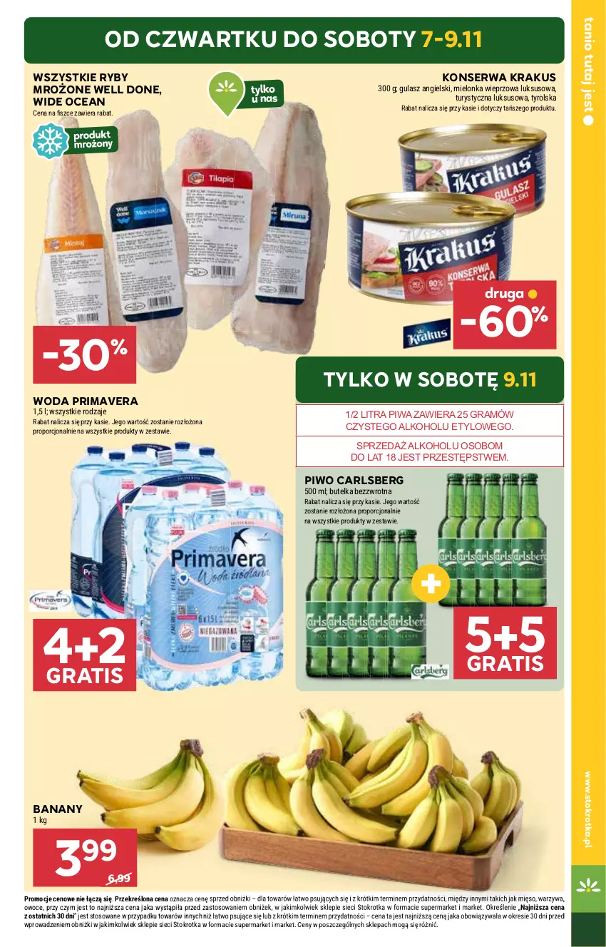 Gazetka promocyjna Stokrotka - Supermarket - ważna 07.11 do 13.11.2024 - strona 5 - produkty: Banany, Carlsberg, Gra, Krakus, Owoce, Piwa, Piwo, Por, Prima, Primavera, Ser, Warzywa, Woda