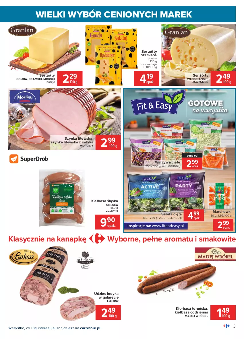 Gazetka promocyjna Carrefour - Gazetka Wielki wybór cenionych marek - ważna 03.05 do 15.05.2021 - strona 3 - produkty: Edam, Gala, Gouda, Gra, Jagr, Kiełbasa, Kiełbasa śląska, Kosz, Madej Wróbel, Morliny, Por, Sałat, Ser, Szynka, Warzywa