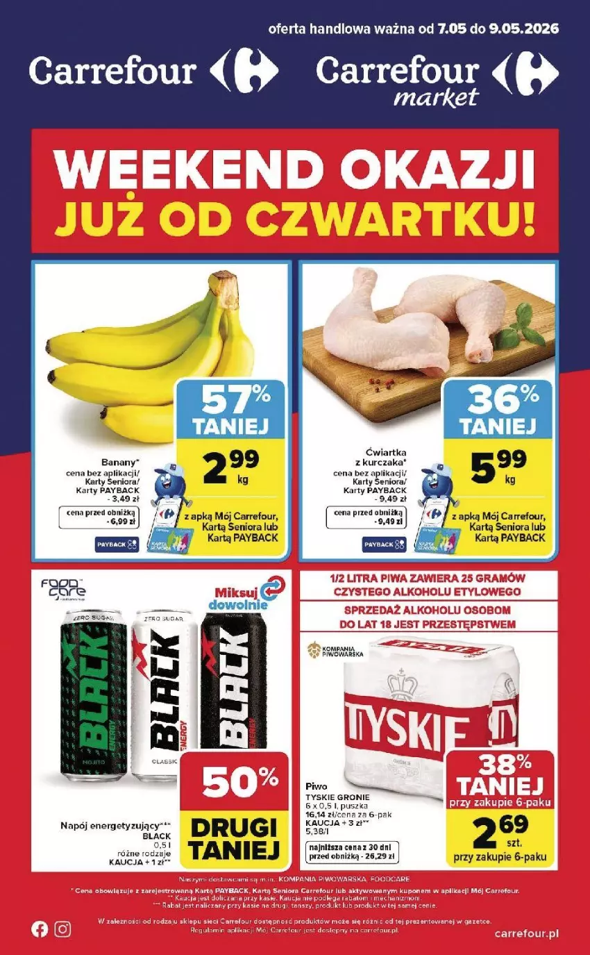 Gazetka promocyjna Carrefour - Gazetka Weekend okazji od czwartku! - ważna 07.05 do 09.05.2026 - strona 1 - produkty: Banany, Fa, Kurczak, Lack, Piwo, Por, Tyskie