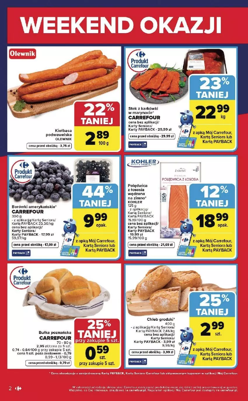 Gazetka promocyjna Carrefour - Gazetka Weekend okazji od czwartku! - ważna 07.05 do 09.05.2026 - strona 2 - produkty: Chleb, Fa, Kiełbasa, Kiełbasa podwawelska, Olewnik, Polędwica, Ryba, Sos, Stek, Wawel