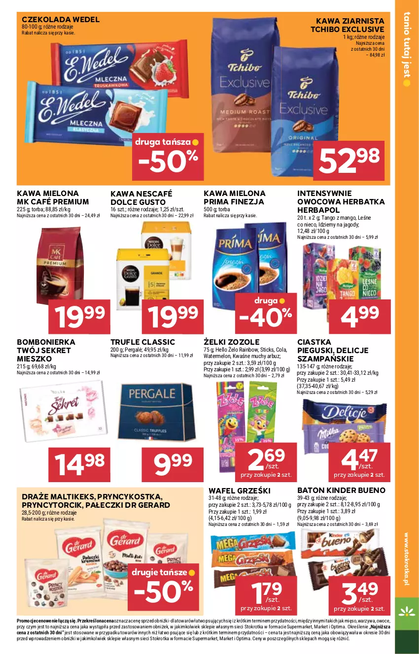 Gazetka promocyjna Stokrotka - Market - ważna 15.01 do 21.01.2026 - strona 13 - produkty: Arbuz, Baton, Ciastka, Czekolada, Delicje, Dolce Gusto, Dr Gerard, Grześki, Herbapol, Jagody, Kawa, Kawa mielona, Kawa ziarnista, Kinder, Kinder Bueno, Kret, Mango, Melon, Mięso, Nescafé, Optima, Owoce, Prima, Tchibo, Torba, Warzywa