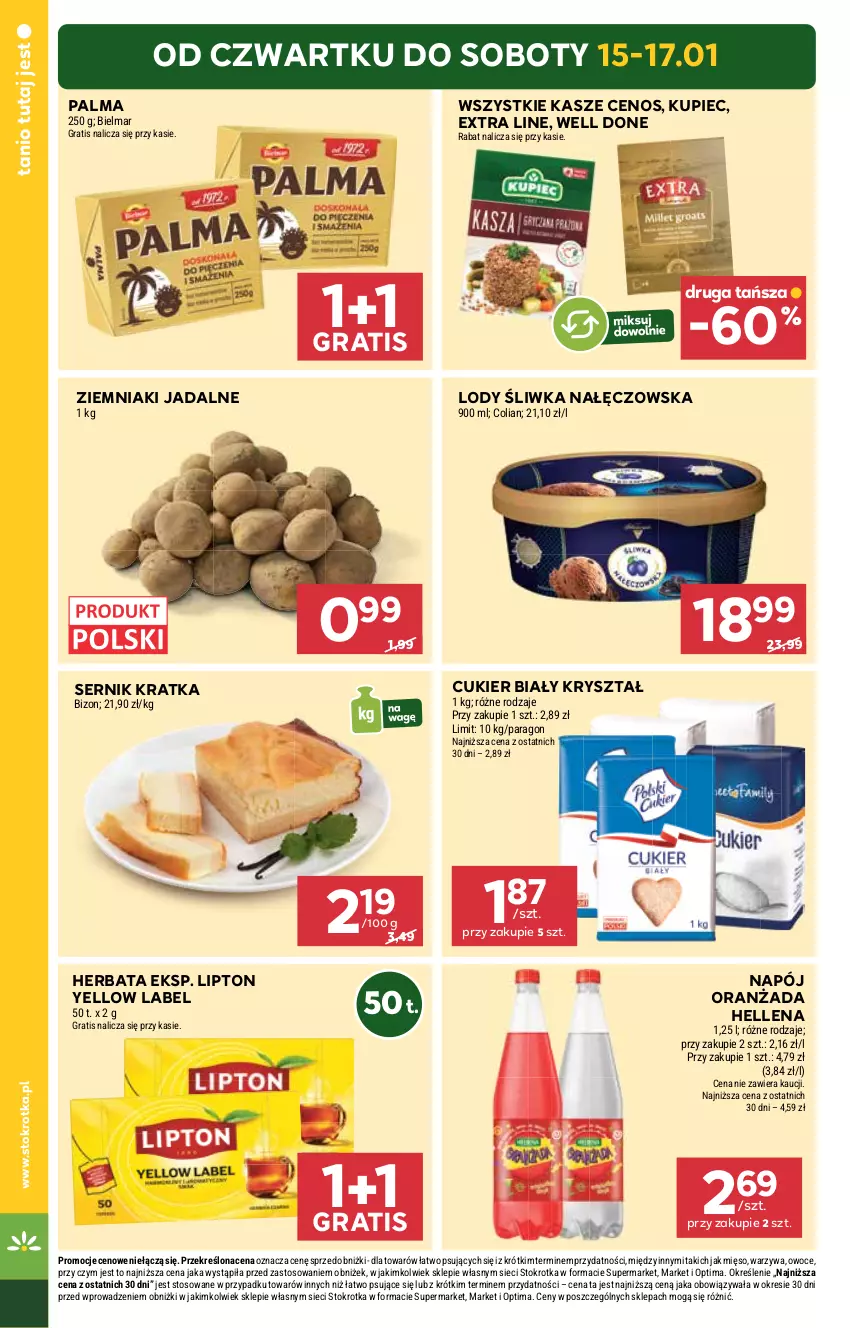 Gazetka promocyjna Stokrotka - Market - ważna 15.01 do 21.01.2026 - strona 2 - produkty: Cenos, Cukier, Gra, Hellena, Herbata, Kupiec, Lipton, Lody, Mięso, Napój, Optima, Oranżada, Owoce, Palma, Piec, Ser, Warzywa, Ziemniaki