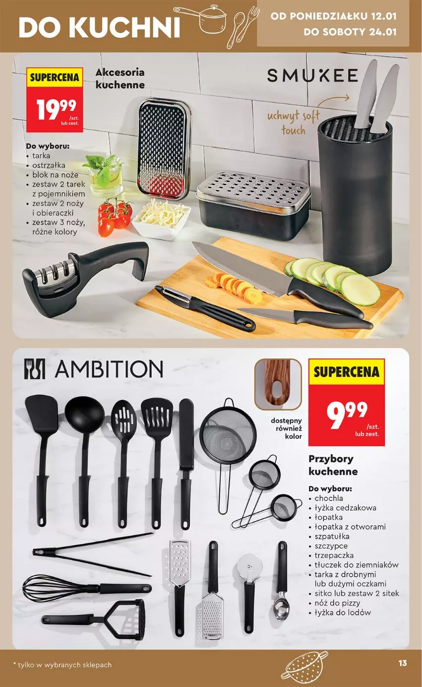 Gazetka promocyjna Biedronka - Okazje Tygodnia - ważna 10.01 do 24.01.2026 - strona 15 - produkty: Blok na noże, Cedzak, Noż, Pojemnik, Przybory kuchenne, Sitko, Szczypce, Szpatułka, Tarka, Tłuczek, Top, Trzepaczka