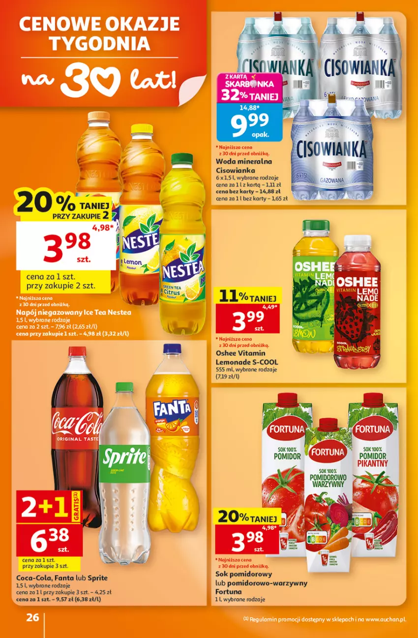 Gazetka promocyjna Auchan - 30 Lat Hipermarket - ważna 08.10 do 14.10.2026 - strona 26 - produkty: Cisowianka, Coca-Cola, Fa, Fanta, Fortuna, Oshee, Sok, Sok pomidorowy, Sprite, Woda, Woda mineralna