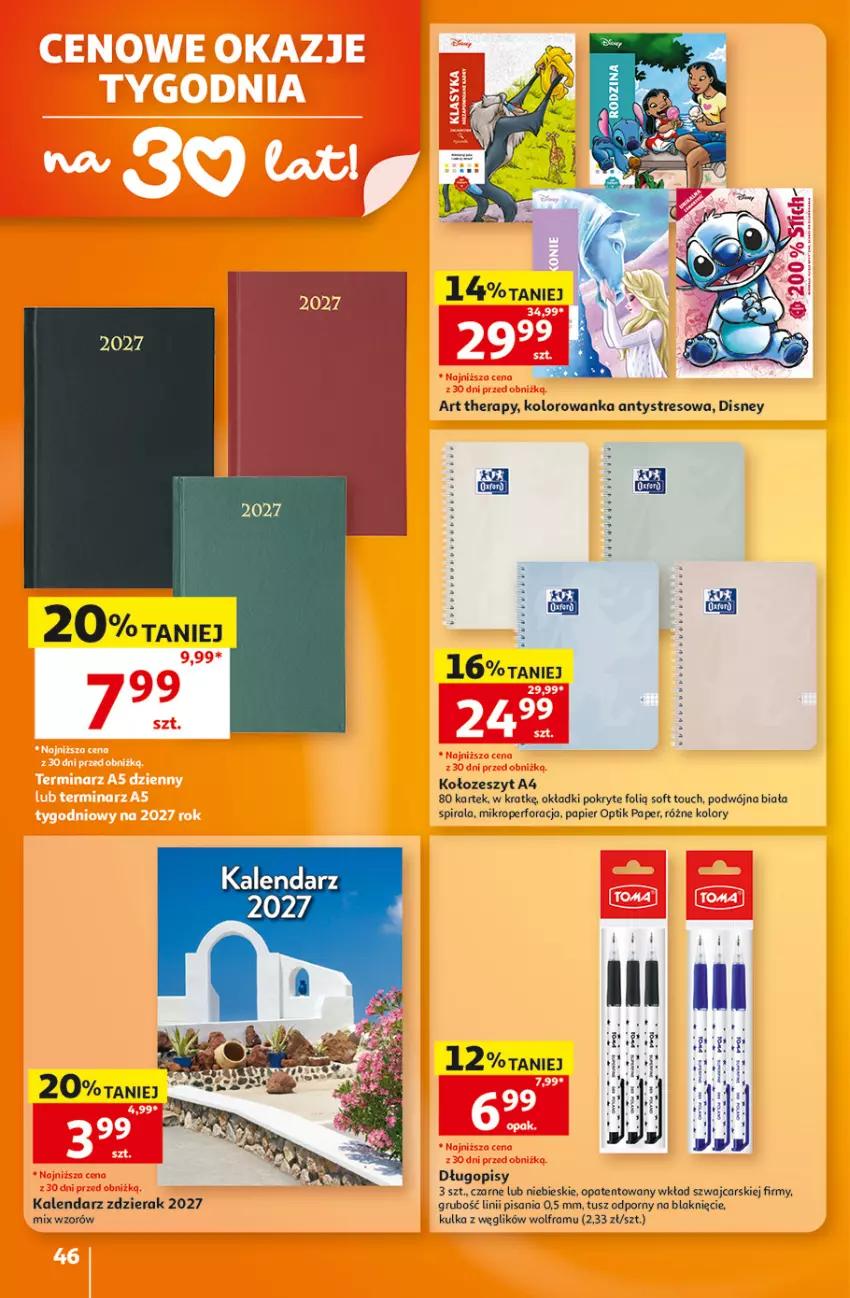 Gazetka promocyjna Auchan - 30 Lat Hipermarket - ważna 08.10 do 14.10.2026 - strona 46 - produkty: Cars, Disney, Długopis, Kalendarz, Kolorowanka, Papier, Por, Tusz