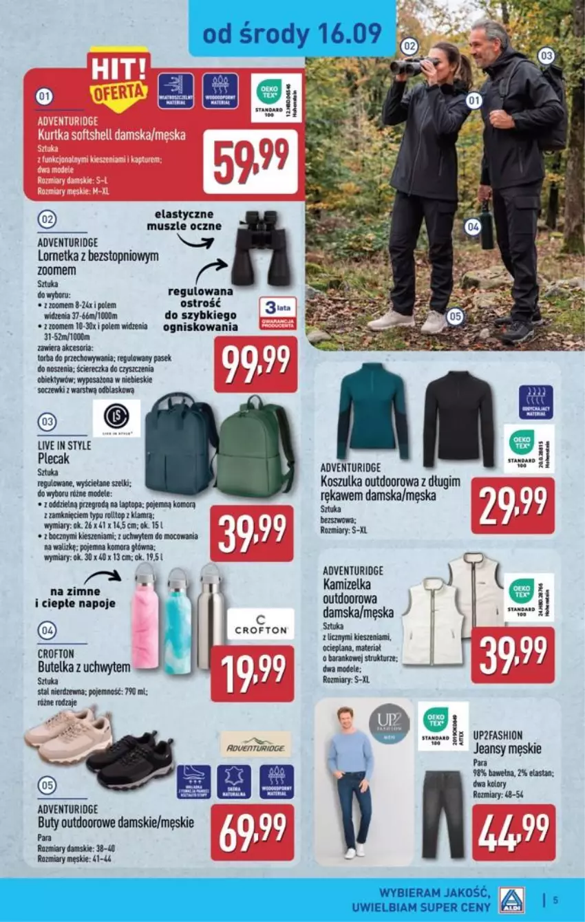 Gazetka promocyjna Aldi - Przygotuj się na kolejny tydzień! - ważna 16.09 do 19.09.2026 - strona 5 - produkty: Buty, Fa, Kamizelka, Kosz, Koszulka, Lornetka, Mus, Napoje, Obiektyw, Pasek, Plecak, Rama, Top