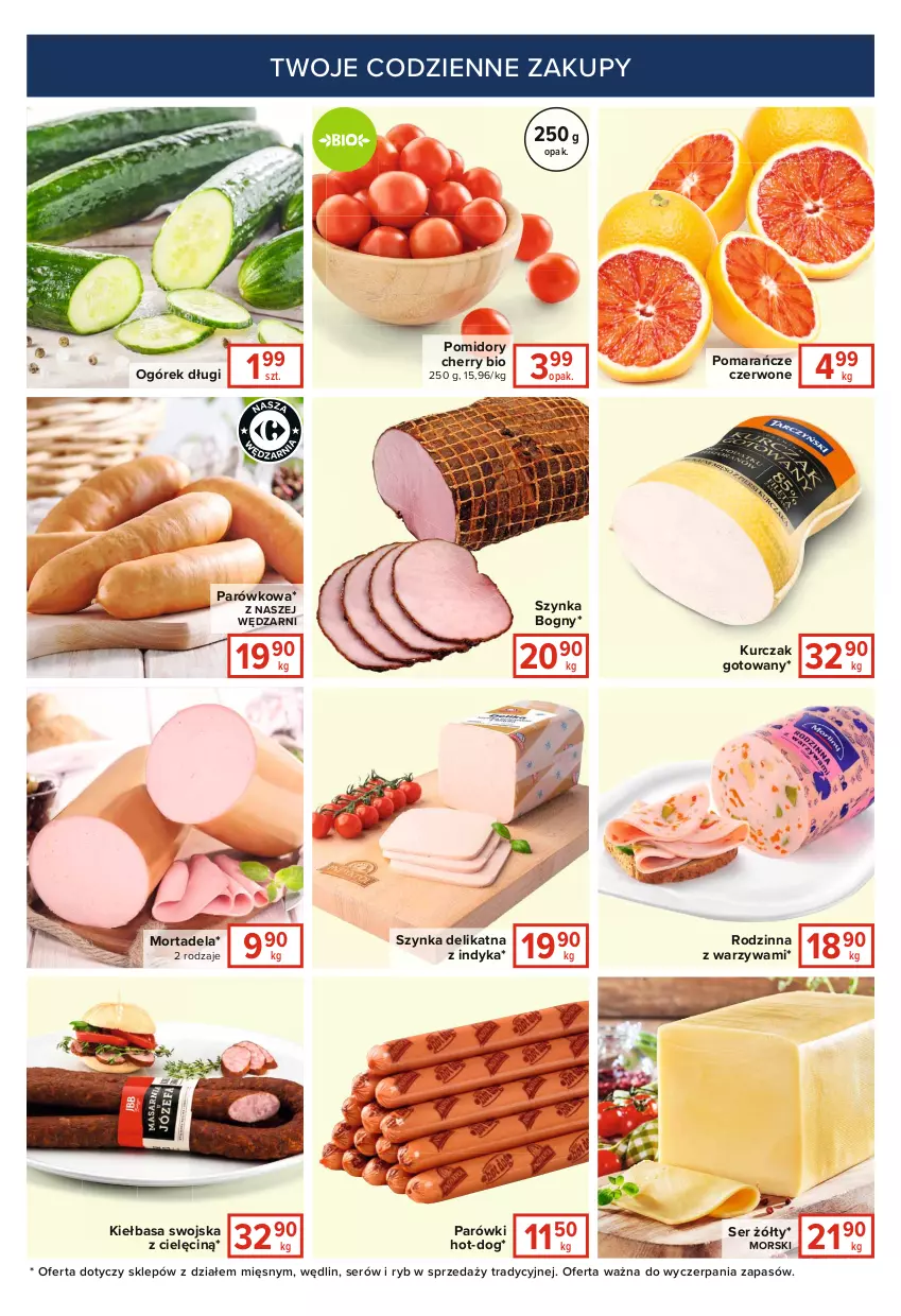 Gazetka promocyjna Carrefour - Gazetka Express - ważna 11.01 do 17.01.2022 - strona 5 - produkty: Kiełbasa, Kurczak, Kurczak gotowany, Ogórek, Parówki, Pomarańcze, Pomidory, Ser, Szynka, Warzywa