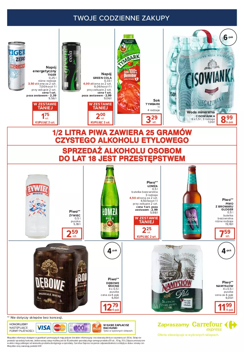 Gazetka promocyjna Carrefour - Gazetka Express - ważna 11.01 do 17.01.2022 - strona 6 - produkty: Cisowianka, Gra, Kosz, Namysłów, Napój, Napój energetyczny, Piwa, Piwo, Sok, Stek, Tiger, Tymbark, Woda, Woda mineralna