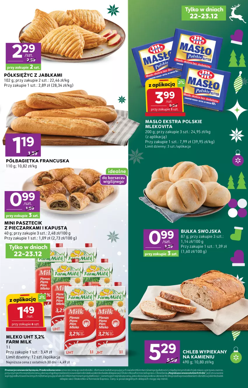 Gazetka promocyjna Stokrotka - Stokrotka Express - ważna 22.12 do 28.12.2025 - strona 3 - produkty: Bagietka, Bułka, Chleb, Fa, Farm Milk, Jabłka, Kapustą, Masło, Mięso, Mleko, Mlekovita, Owoce, Pasztecik z pieczarkami, Piec, Pieczarka, Półbagietka, Warzywa