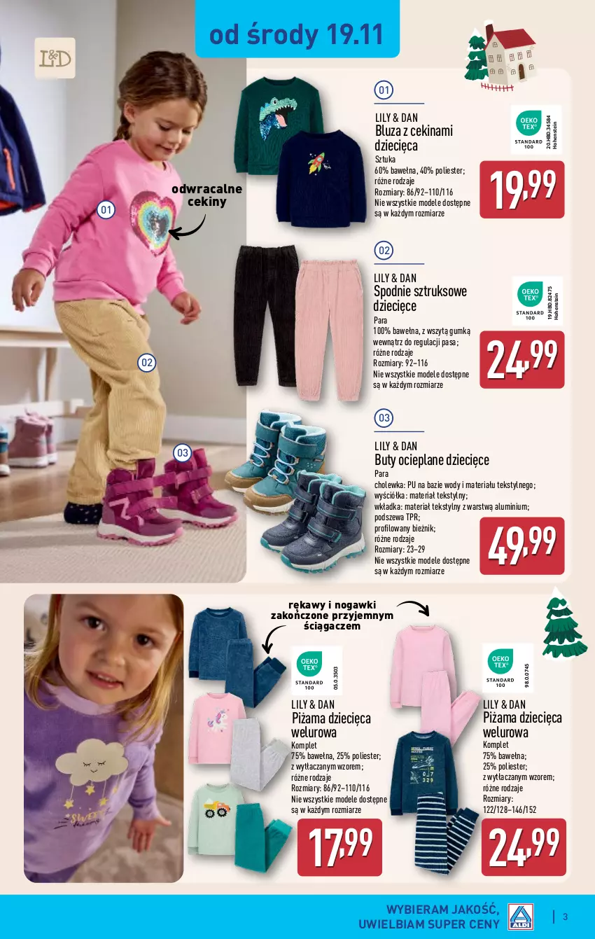 Gazetka promocyjna Aldi - Artykuły przemysłowe i tekstylia - ważna 19.11 do 22.11.2025 - strona 3 - produkty: Bieżnik, Bluza, Buty, Dzieci, Piżama, Spodnie, Spodnie sztruksowe, Wełna