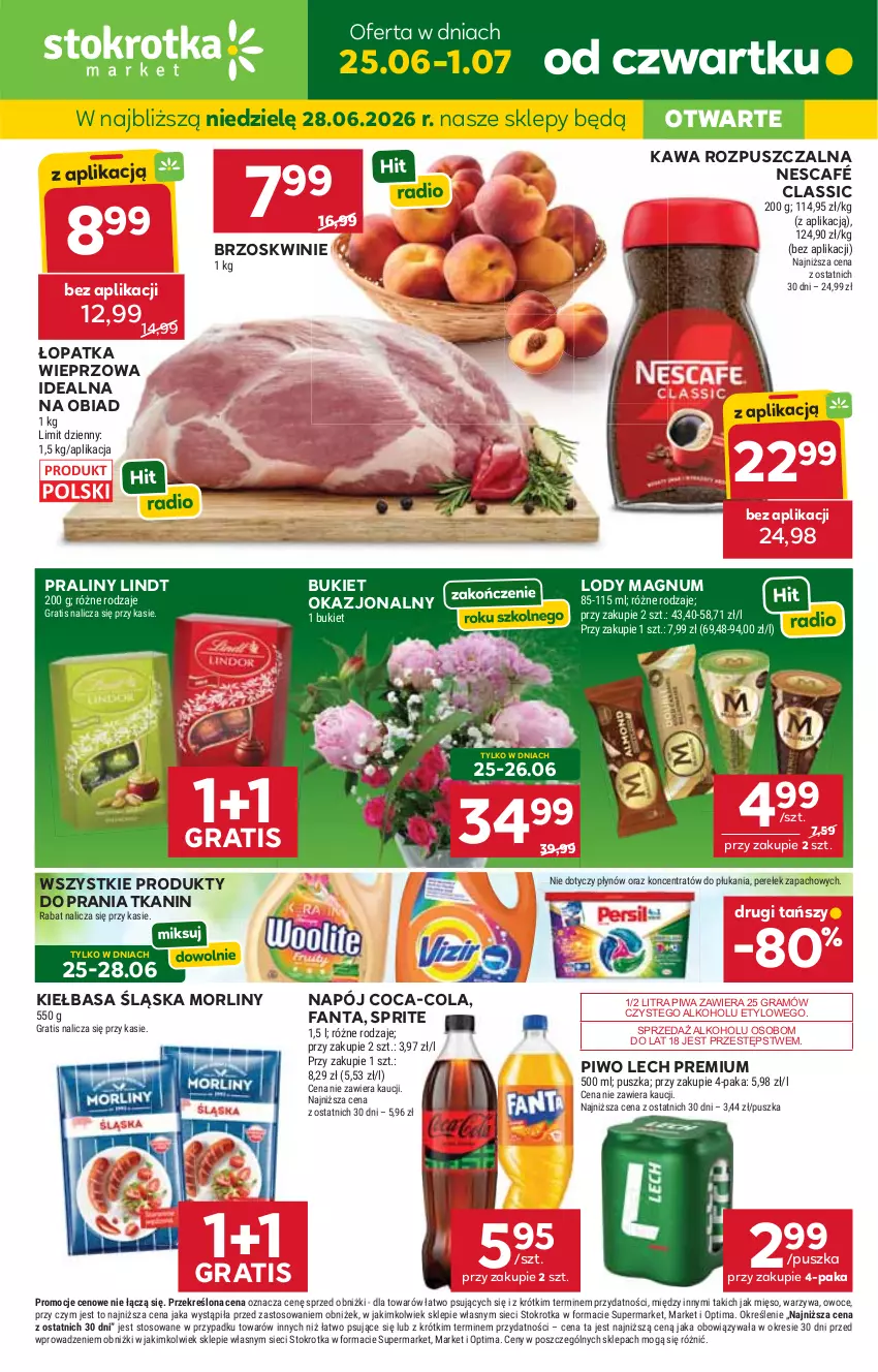 Gazetka promocyjna Stokrotka - Market - ważna 25.06 do 01.07.2026 - strona 1 - produkty: Brzoskwinie, Bukiet, Coca-Cola, Fa, Fanta, Gra, JBL, Kawa, Kawa rozpuszczalna, Kiełbasa, Kiełbasa śląska, Lech Premium, Lindt, Lody, Mięso, Morliny, Napój, Nescafé, Optima, Owoce, Piwa, Piwo, Praliny, Sprite, Warzywa