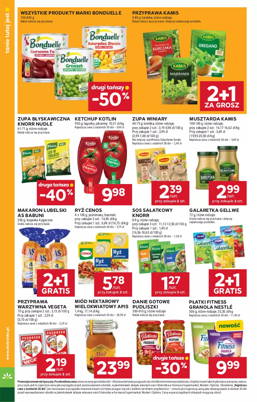 Gazetka promocyjna Stokrotka - Market - ważna 25.06 do 01.07.2026 - strona 14 - produkty: Babuni, Bonduelle, Cenos, Danie gotowe, Gala, Galaretka, Gra, Granola, Kamis, Ketchup, Knorr, Kotlin, Makaron, Mięso, Miód, Mus, Musztarda, Nektar, Nestlé, Optima, Owoce, Pudliszki, Ryż, Sałat, Sos, Torebka, Vegeta, Warzywa, Winiary, Zupa