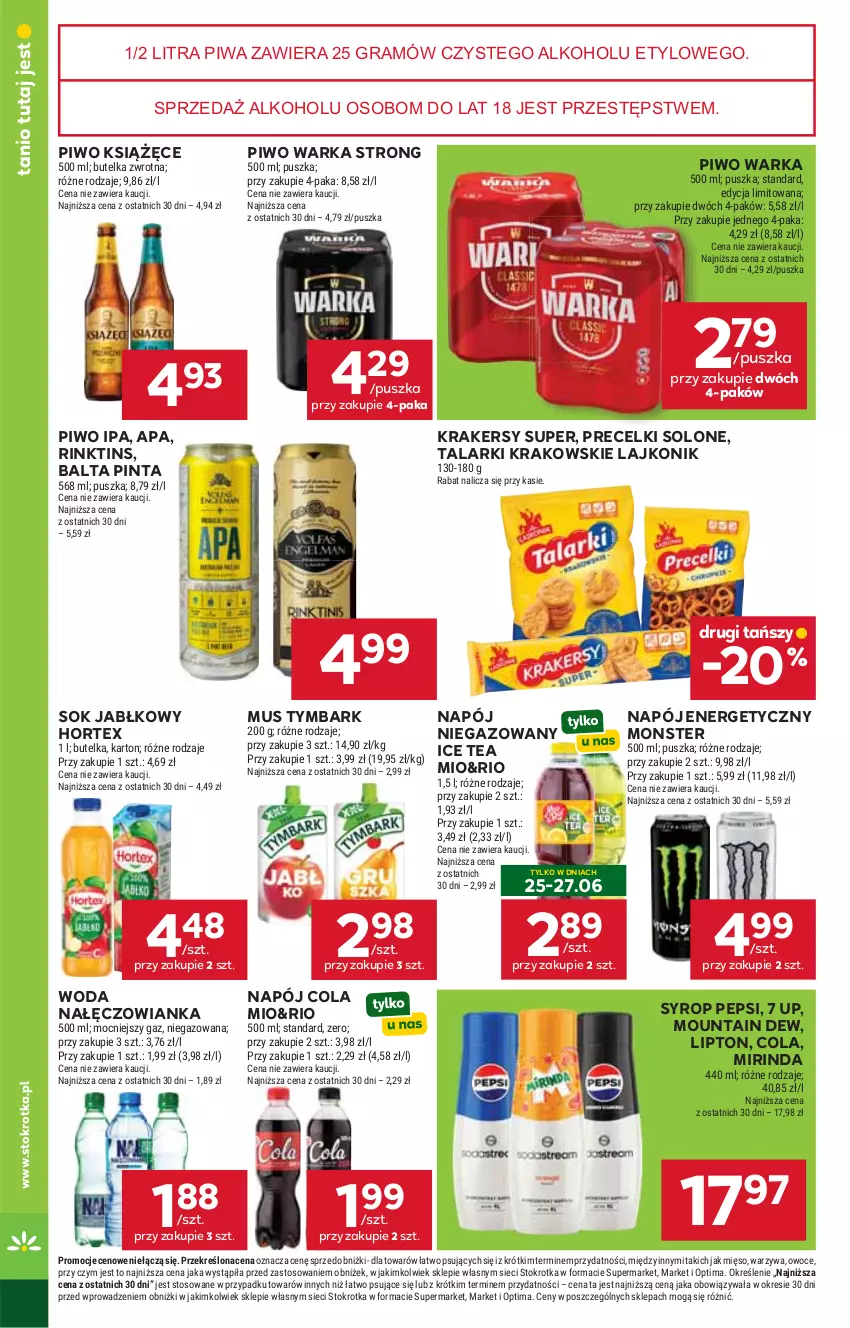 Gazetka promocyjna Stokrotka - Market - ważna 25.06 do 01.07.2026 - strona 24 - produkty: Gra, Hortex, Ice tea, Krakersy, Książęce, Lajkonik, Lipton, Mięso, Mirinda, Mus, Nałęczowianka, Napój, Napój energetyczny, Napój niegazowany, Optima, Owoce, Pepsi, Piwa, Piwo, Precelki, Sok, Sok jabłkowy, Syrop, Tymbark, Warka, Warzywa, Woda