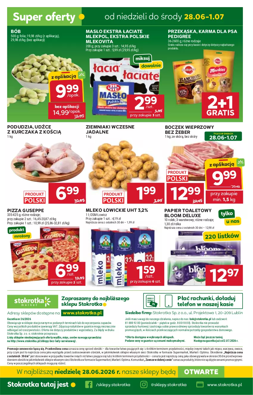 Gazetka promocyjna Stokrotka - Market - ważna 25.06 do 01.07.2026 - strona 32 - produkty: Boczek, Boczek wieprzowy, Dres, Gra, JBL, Kurczak, Masło, Mięso, Mleko, Mlekovita, O nas, Optima, Owoce, Papier, Papier toaletowy, Pedigree, Pizza, Ser, Telefon, Wagi, Warzywa, Ziemniaki