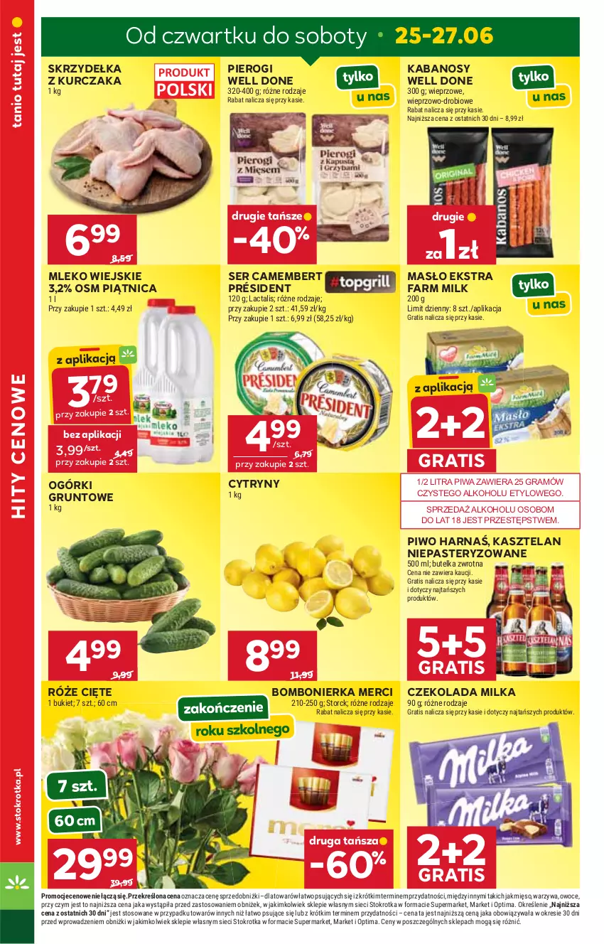 Gazetka promocyjna Stokrotka - Market - ważna 25.06 do 01.07.2026 - strona 4 - produkty: Bukiet, Camembert, Cytryny, Czekolada, Fa, Farm Milk, Gra, Grunt, Harnaś, Kabanos, Kasztelan, Kurczak, Masło, Merci, Mięso, Milka, Mleko, Optima, Owoce, Piątnica, Pierogi, Piwa, Piwo, Président, Ser, Skrzydełka z kurczaka, Warzywa