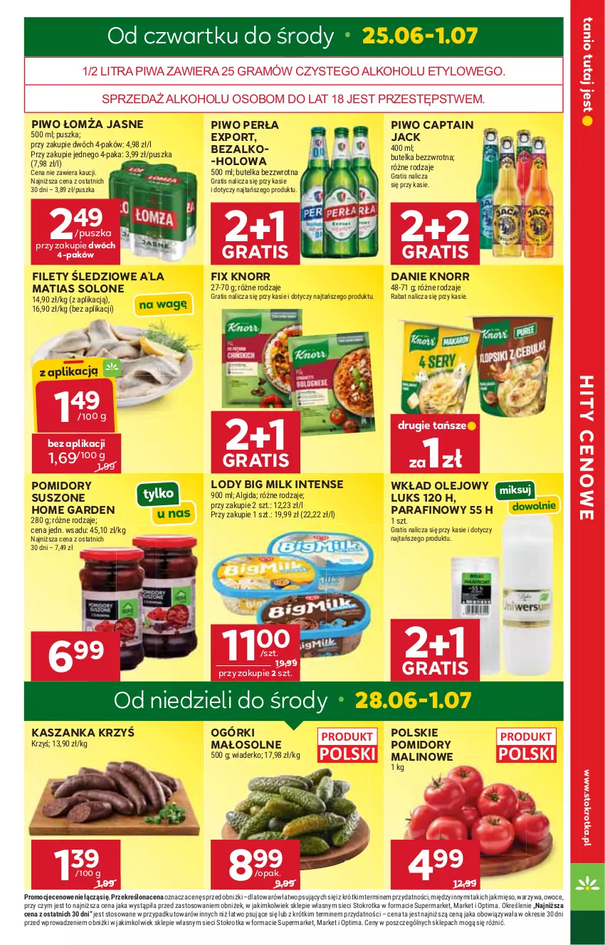 Gazetka promocyjna Stokrotka - Market - ważna 25.06 do 01.07.2026 - strona 5 - produkty: Algida, Big Milk, Captain Jack, Gra, Kasza, Kaszanka, Knorr, LG, Lody, Mięso, Olej, Optima, Owoce, Perła, Piwa, Piwo, Pomidory, Por, Warzywa, Wkład olejowy