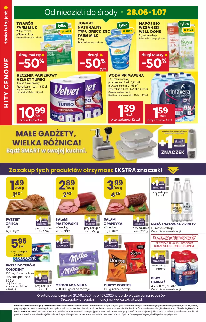 Gazetka promocyjna Stokrotka - Market - ważna 25.06 do 01.07.2026 - strona 6 - produkty: Chipsy, Czekolada, Fa, Farm Milk, Gra, Jogurt, Jogurt naturalny, Mięso, Milka, Napój, Napój gazowany, Optima, Owoce, Papier, Pasztet, Piast, Piec, Piwa, Piwo, Prima, Primavera, Ręcznik, Salami, Twaróg, Velvet, Warzywa, Woda