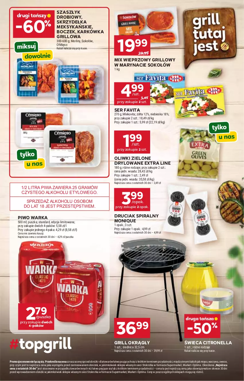 Gazetka promocyjna Stokrotka - Market - ważna 25.06 do 01.07.2026 - strona 7 - produkty: Boczek, Fa, Favita, Gra, Grill, Mięso, Mleko, Mlekovita, Morliny, Oliwki, Oliwki zielone, Optima, Owoce, Piwa, Piwo, Ser, Sok, Sokołów, Warka, Warzywa