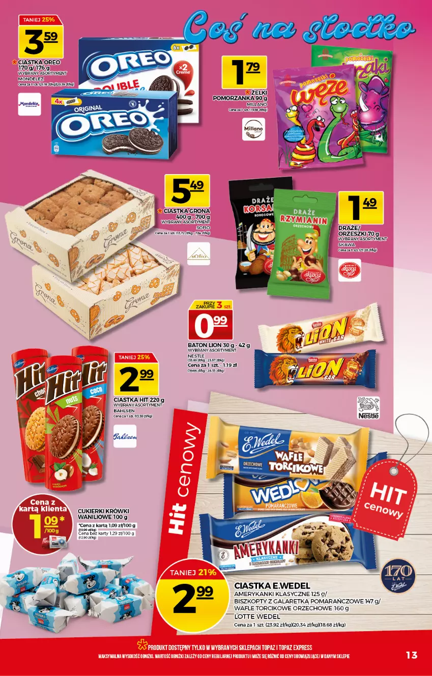 Gazetka promocyjna Topaz - Gazetka - ważna 22.04 do 28.04.2021 - strona 13 - produkty: Baton, Biszkopty, Ciastka, Cukier, Cukierki, Gala, Kawa, Kokos, Lion, Oreo, Orzeszki, Wafle