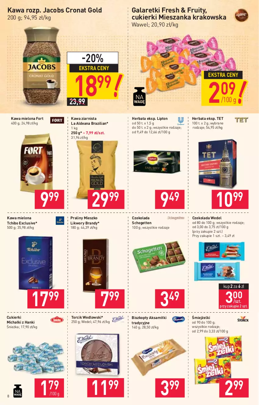 Gazetka promocyjna Stokrotka - Market - ważna 17.06 do 23.06.2021 - strona 8 - produkty: Aksam, Biszkopty, Brandy, Cukier, Cukierki, Czekolada, Gala, Galaretki, Herbata, Jacobs, Kawa, Kawa mielona, Kawa ziarnista, Lipton, Michałki, Praliny, Schogetten, Tchibo, Wawel