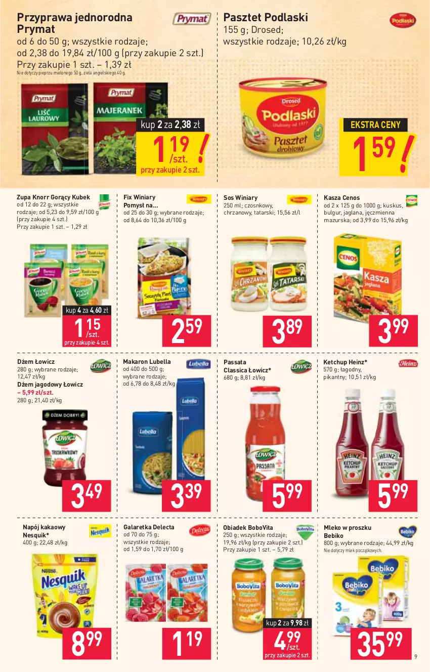 Gazetka promocyjna Stokrotka - Market - ważna 17.06 do 23.06.2021 - strona 9 - produkty: Bebiko, Bell, Bella, BoboVita, Bulgur, Cenos, Chrzan, Delecta, Dżem, Gala, Galaretka, Heinz, Kakao, Kasza, Ketchup, Knorr, Kubek, Kuskus, LANA, LG, Lubella, Makaron, Mleko, Mleko w proszku, Napój, Nesquik, Pasztet, Pieprz, Podlaski, Prymat, Sos, Winiary, Zupa