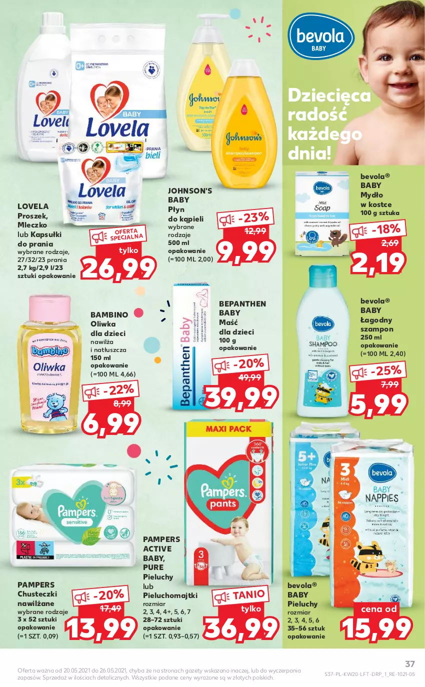 Gazetka promocyjna Kaufland - OFERTA TYGODNIA - ważna 20.05 do 26.05.2021 - strona 37 - produkty: Bepanthen, Chusteczki, Dzieci, Johnson's, Johnson's Baby, Kapsułki do prania, Lovela, Majtki, Mleczko, Mydło, Oliwka dla dzieci, Pampers, Pieluchomajtki, Pieluchy, Płyn do kąpieli, Pur, Szampon