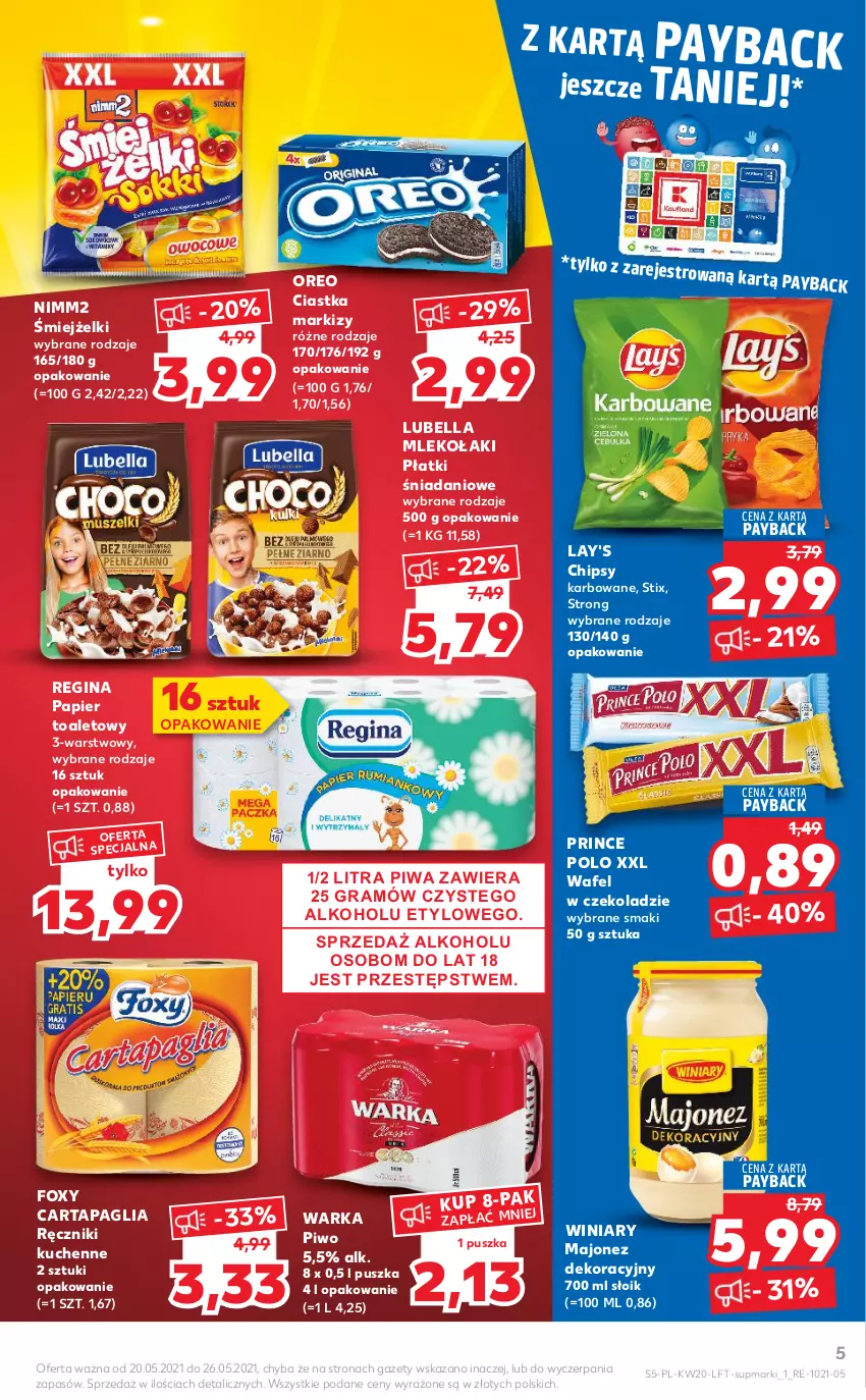 Gazetka promocyjna Kaufland - OFERTA TYGODNIA - ważna 20.05 do 26.05.2021 - strona 5 - produkty: Bell, Bella, Chipsy, Ciastka, Danio, Foxy, Gin, Gra, Lubella, Majonez, Mleko, Nimm2, Oreo, Papier, Papier toaletowy, Piwa, Piwo, Prince Polo, Ręcznik, Warka, Winiary