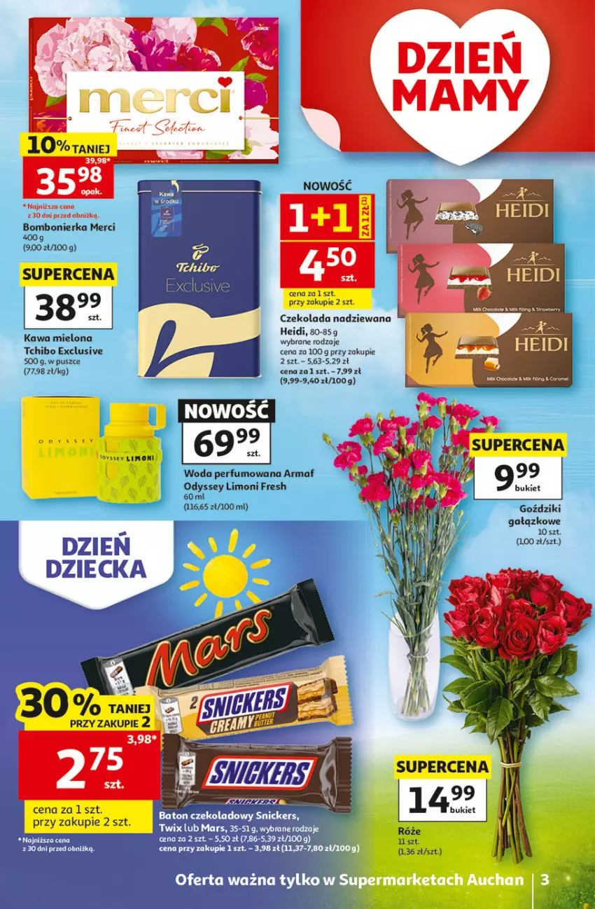 Gazetka promocyjna Auchan - 30 Lat Supermarket - ważna 21.05 do 27.05.2026 - strona 3 - produkty: Czekolada, Czekolada nadziewana, Kawa, Kawa mielona, Koc, Mars, Merci, Perfum, Tchibo, Twix, Woda, Woda perfumowana