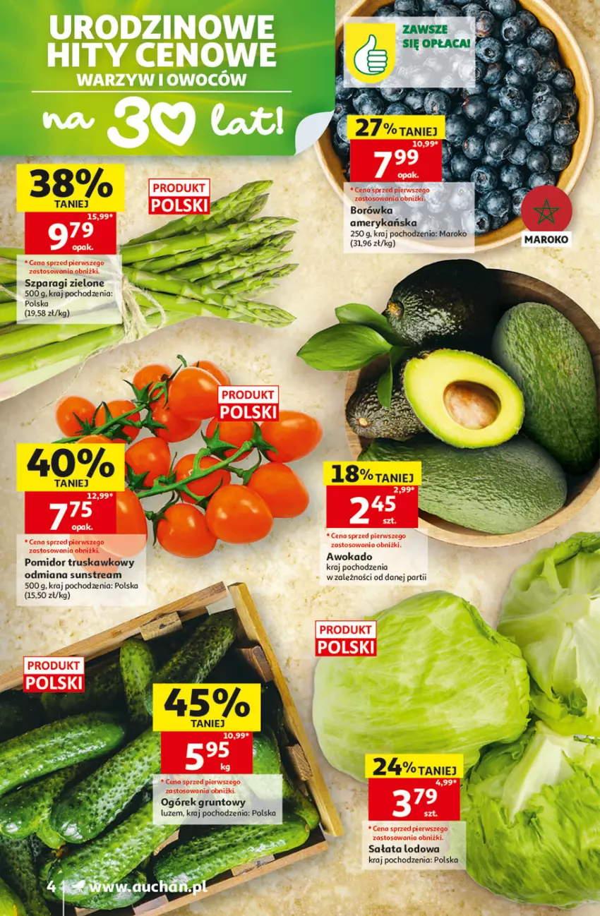 Gazetka promocyjna Auchan - 30 Lat Supermarket - ważna 21.05 do 27.05.2026 - strona 4 - produkty: Borówka, Borówka amerykańska, Grunt, Ogórek, Sałat, Sałata lodowa