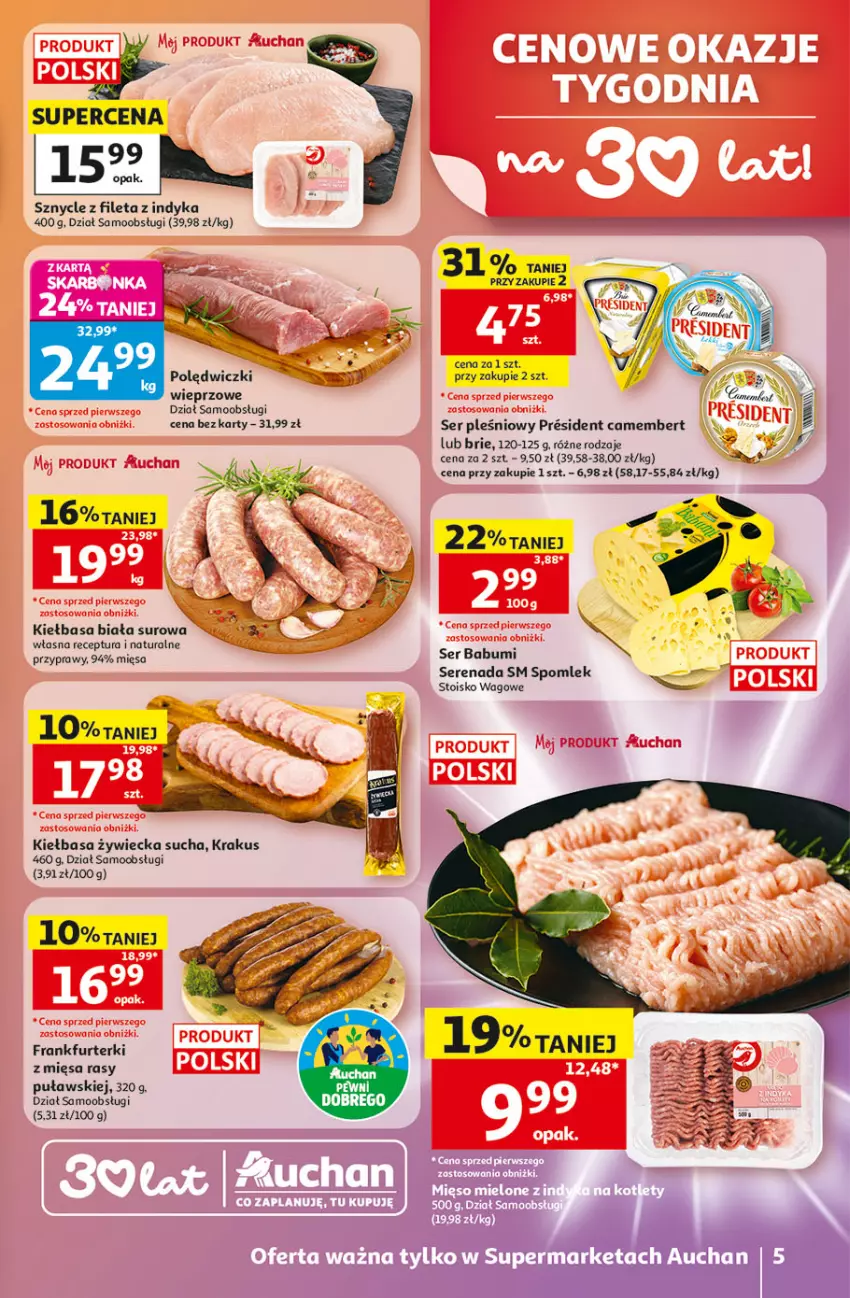 Gazetka promocyjna Auchan - 30 Lat Supermarket - ważna 21.05 do 27.05.2026 - strona 5 - produkty: Brie, Camembert, Frankfurterki, Kiełbasa, Kiełbasa biała, Krakus, Przyprawy, Ser, Ser pleśniowy