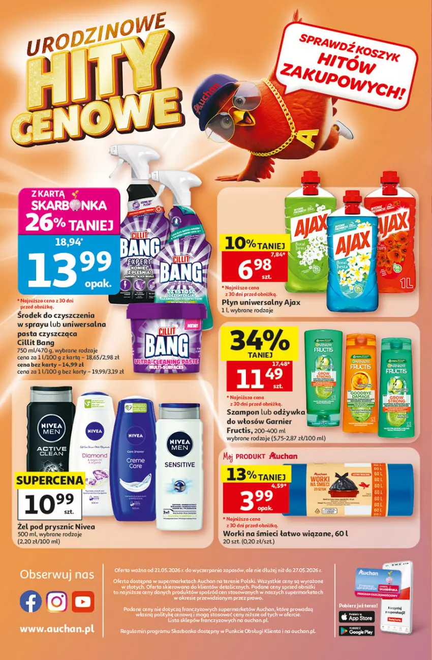 Gazetka promocyjna Auchan - 30 Lat Supermarket - ważna 21.05 do 27.05.2026 - strona 8 - produkty: Ajax, Cillit Bang, Fa, Fructis, Garnier, LG, Nivea, Odżywka, Szampon, Worki na śmiec, Worki na śmieci