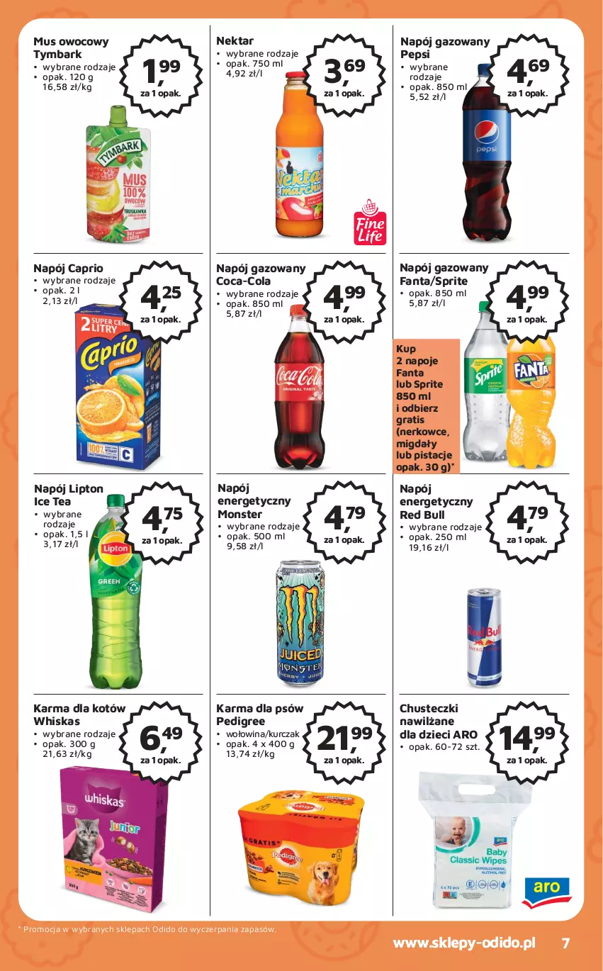 Gazetka promocyjna Odido - Gazetka - ważna 11.08 do 24.08.2023 - strona 7 - produkty: Chusteczki, Coca-Cola, Dzieci, Fa, Fanta, Gra, Ice tea, Kurczak, Lipton, Migdały, Mus, Napój, Napój energetyczny, Napój gazowany, Napoje, Nektar, Pedigree, Pepsi, Pistacje, Red Bull, Sprite, Tymbark, Whiskas, Wołowina