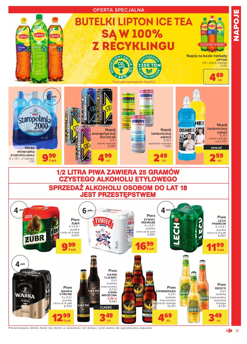 Gazetka promocyjna Carrefour - Gazetka Market - ważna 19.04 do 30.04.2021 - strona 11 - produkty: Gra, Karmi, Kawa, Lech Premium, Lipton, Napój, Napój energetyczny, Napój izotoniczny, Napoje, Oshee, Piwa, Piwo, Staropolanka, Warka, Woda, Woda mineralna