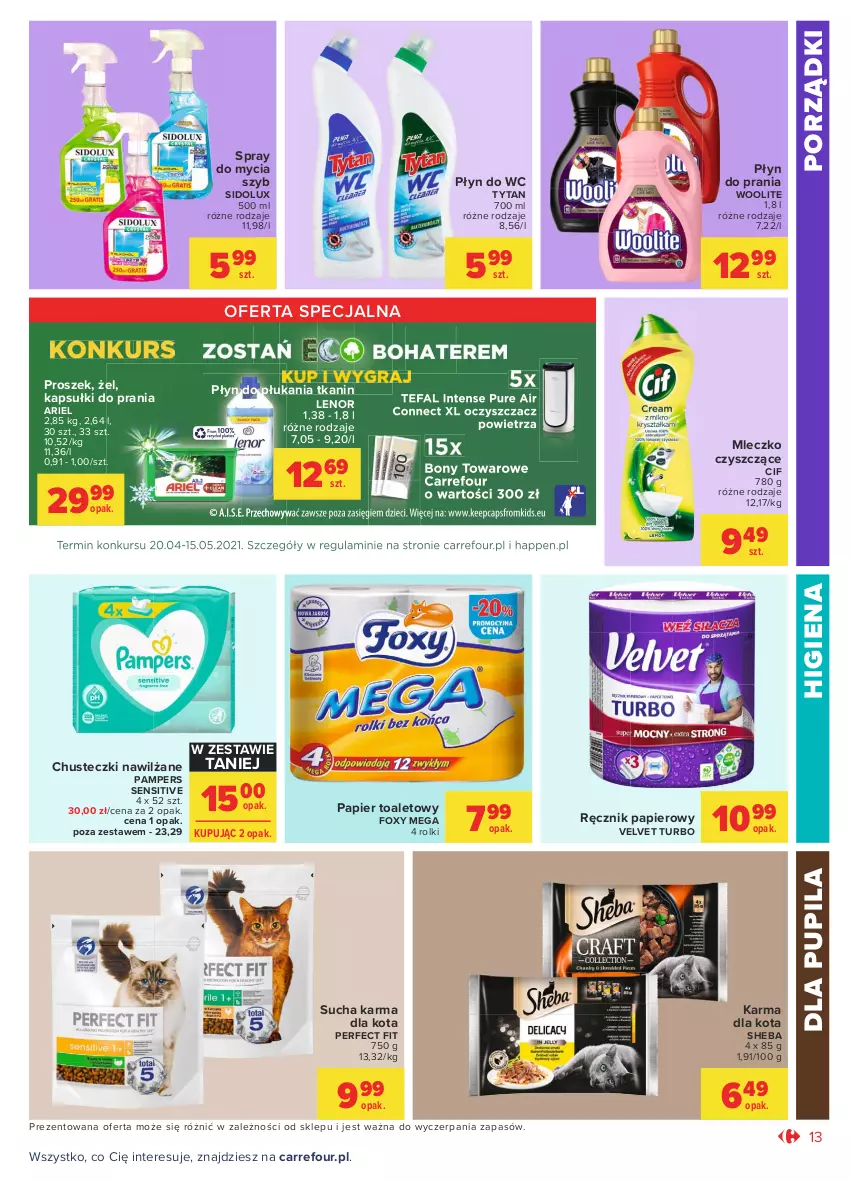 Gazetka promocyjna Carrefour - Gazetka Market - ważna 19.04 do 30.04.2021 - strona 13 - produkty: Ariel, Chusteczki, Cif, Foxy, Kapsułki do prania, Lenor, Mleczko, Pampers, Papier, Papier toaletowy, Płyn do płukania, Płyn do prania, Płyn do wc, Por, Ręcznik, Rolki, Sheba, Sidolux, Sucha karma, Tytan, Velvet, Woolite