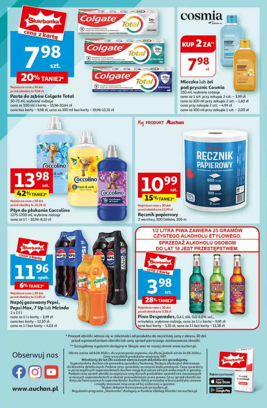 Gazetka promocyjna Auchan - Supermarket - ważna 08.08 do 14.08.2024 - strona 14 - produkty: Coccolino, Colgate, Colgate Total, Desperados, Gra, LG, Mirinda, Mleczko, Napój, Napój gazowany, Papier, Pasta do zębów, Pepsi, Pepsi max, Piwa, Piwo, Płyn do płukania, Por, Ręcznik, Ser, Tera