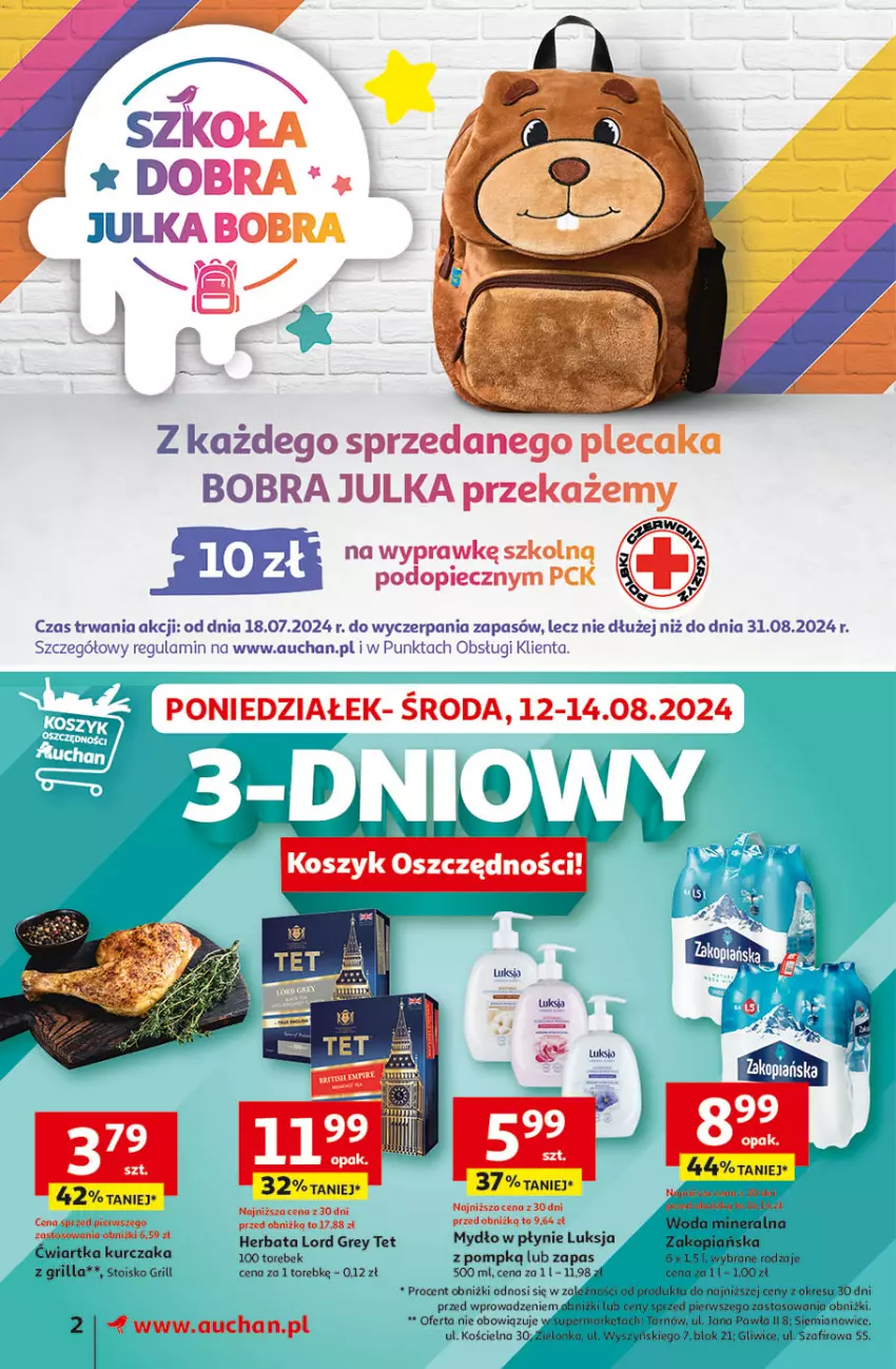 Gazetka promocyjna Auchan - Supermarket - ważna 08.08 do 14.08.2024 - strona 2 - produkty: Fa, Grill, Herbata, Kurczak, Luksja, Mydło, Mydło w płynie, Piec, Plecak, Woda, Woda mineralna